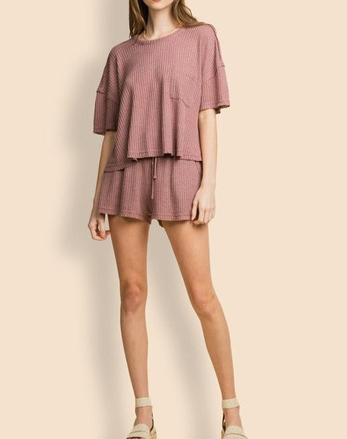 CASUAL LOOSE FIT SOLID WAFFLE TOP & SHORT SET
