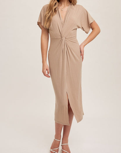 TWISTED FRONT KIMONO SLEEVE MIDI RIB DRESS