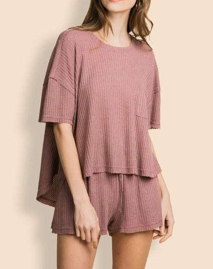CASUAL LOOSE FIT SOLID WAFFLE TOP & SHORT SET