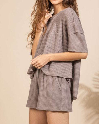 CASUAL LOOSE FIT SOLID WAFFLE TOP & SHORT SET