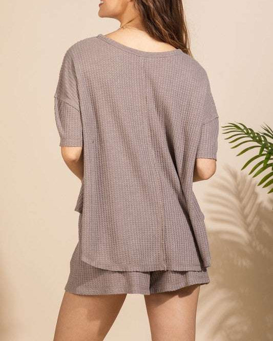 CASUAL LOOSE FIT SOLID WAFFLE TOP & SHORT SET
